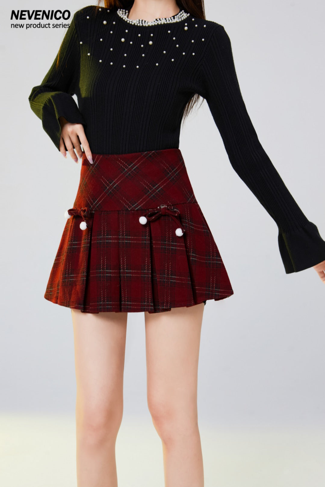 NeveNico SALE NN2412014 Wool Plaid Pleated Skirt with Bow
