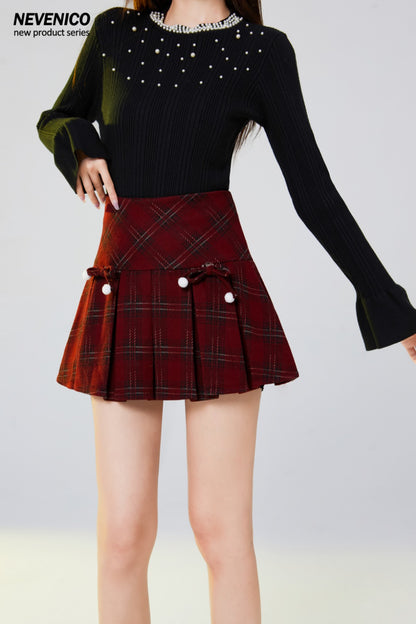 NeveNico SALE NN2412014 Wool Plaid Pleated Skirt with Bow