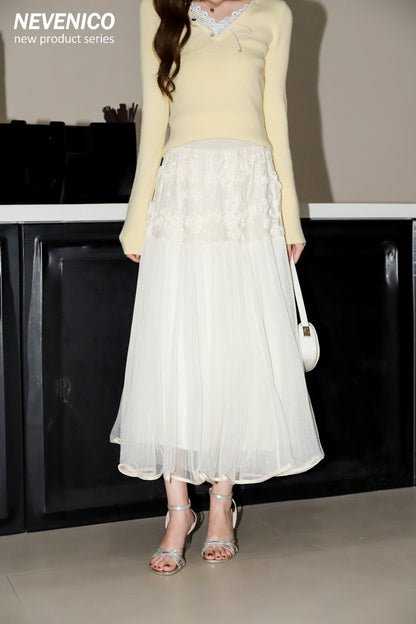 NeveNico SALE NN2501013  Floral Mesh Pleated Skirt