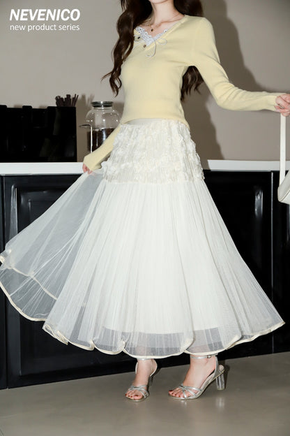 NeveNico SALE NN2501013  Floral Mesh Pleated Skirt