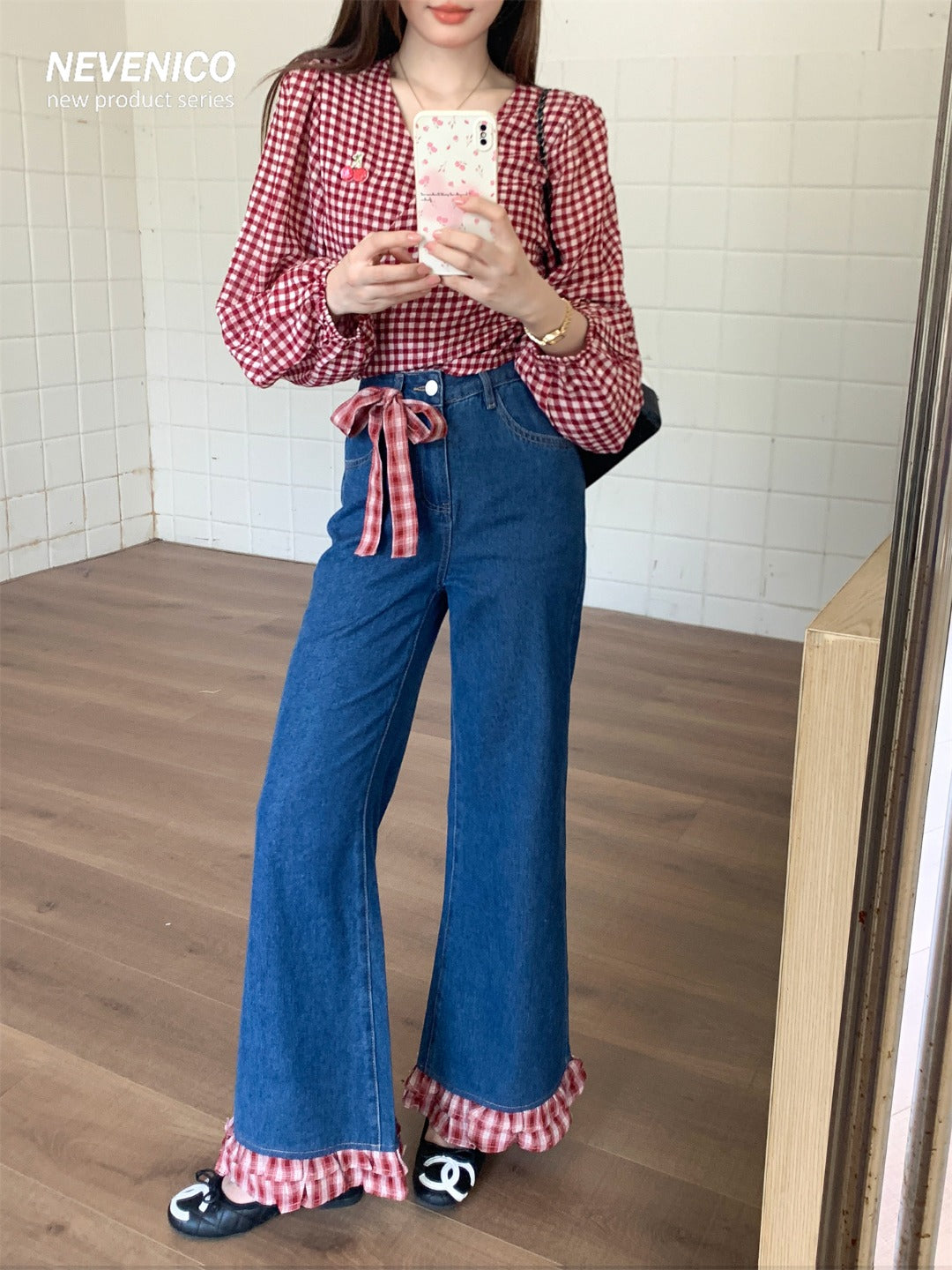 NeveNico SALE NN2509006 Flare Jeans with Plaid Panel Inserts