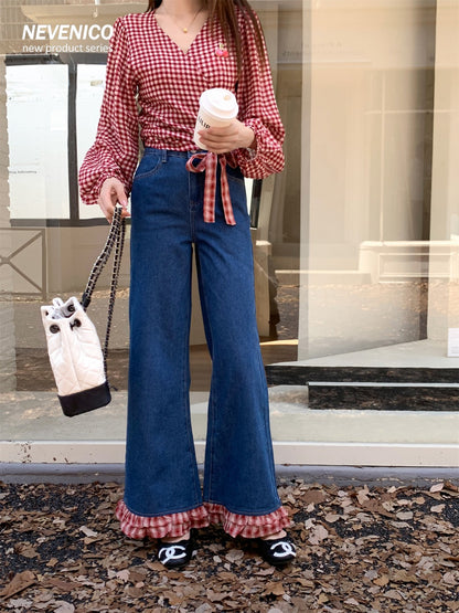 NeveNico SALE NN2509006 Flare Jeans with Plaid Panel Inserts