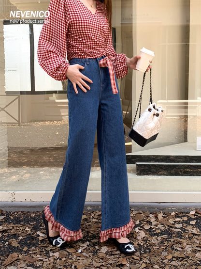 NeveNico SALE NN2509006 Flare Jeans with Plaid Panel Inserts