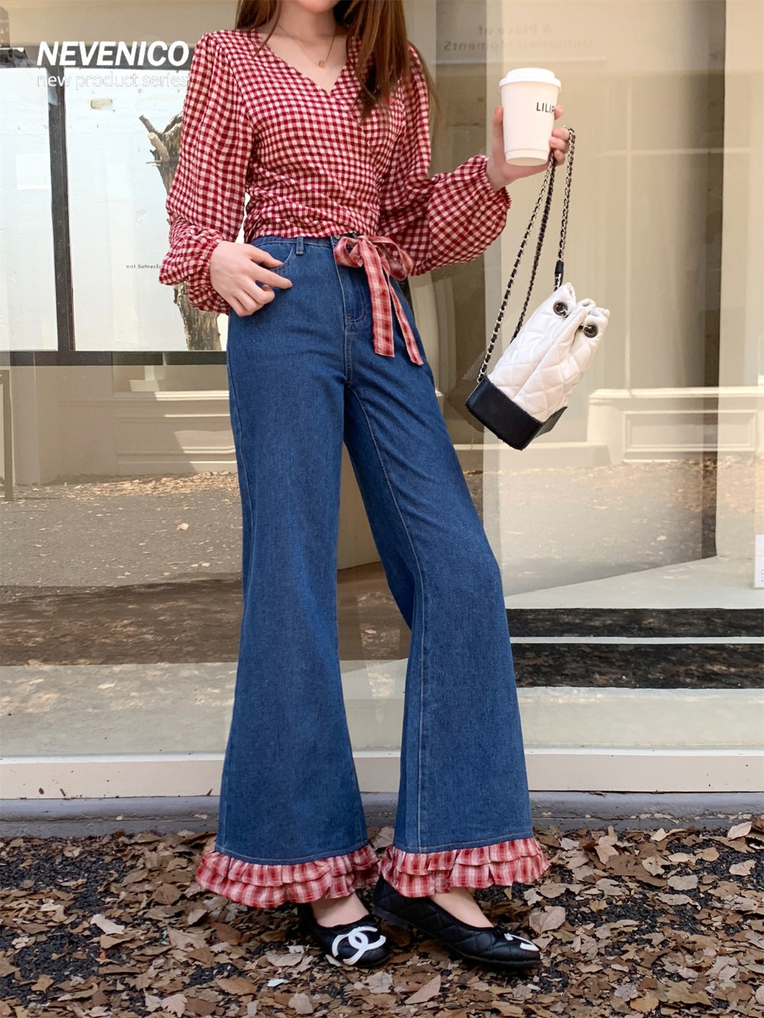 NeveNico SALE NN2509006 Flare Jeans with Plaid Panel Inserts