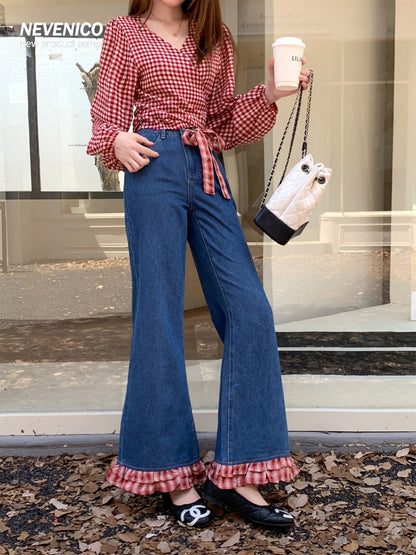 NeveNico SALE NN2509006 Flare Jeans with Plaid Panel Inserts