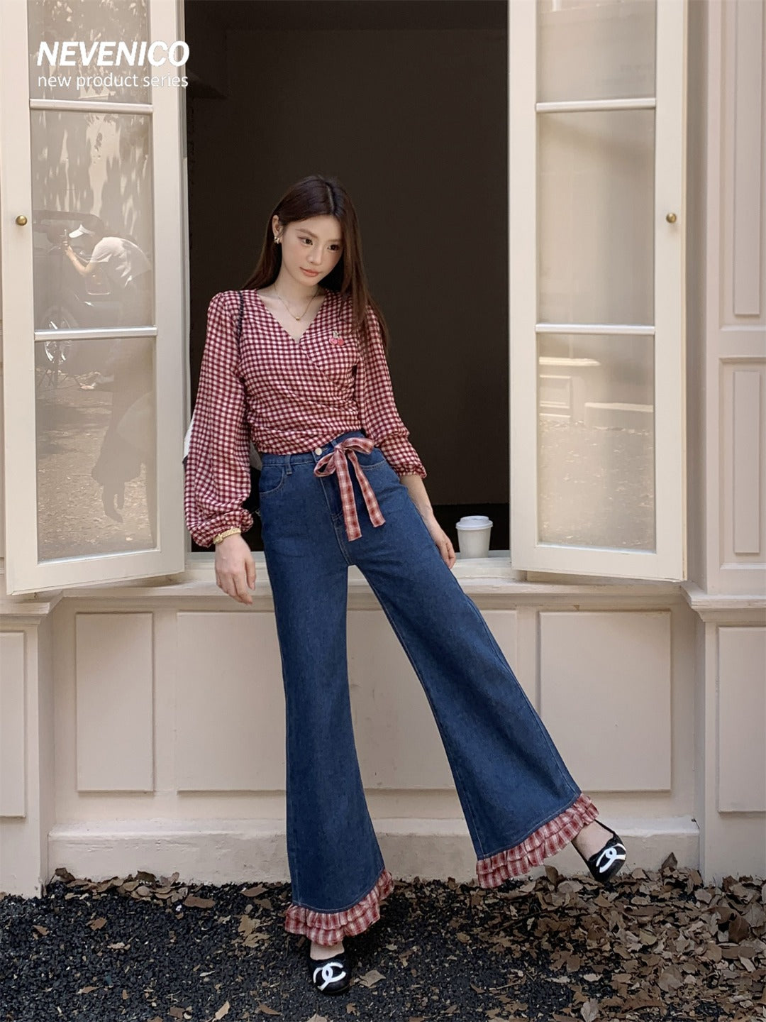 NeveNico SALE NN2509006 Flare Jeans with Plaid Panel Inserts