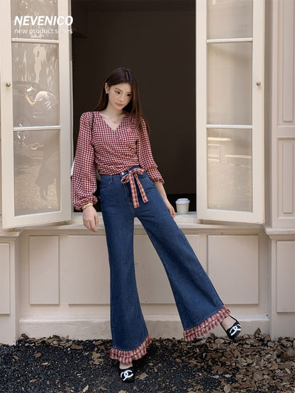 NeveNico SALE NN2509006 Flare Jeans with Plaid Panel Inserts