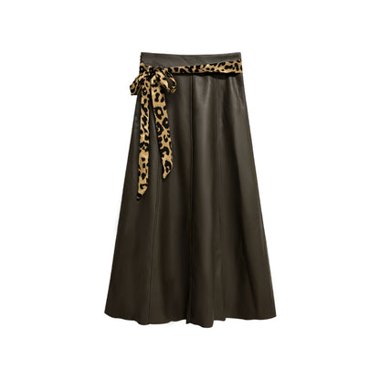 NeveNico SALE NN2509017 Leopard Belt Flared PU Skirt