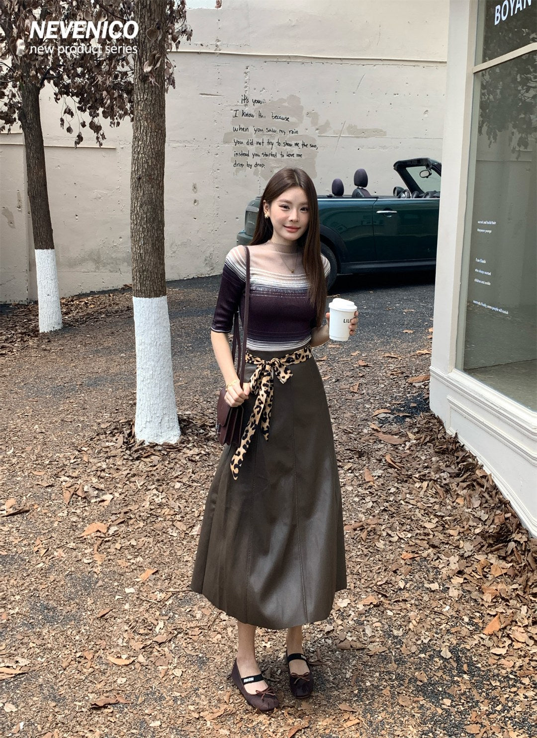NeveNico SALE NN2509017 Leopard Belt Flared PU Skirt