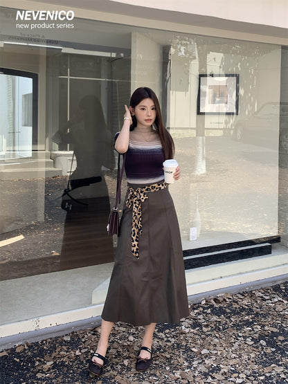 NeveNico SALE NN2509017 Leopard Belt Flared PU Skirt