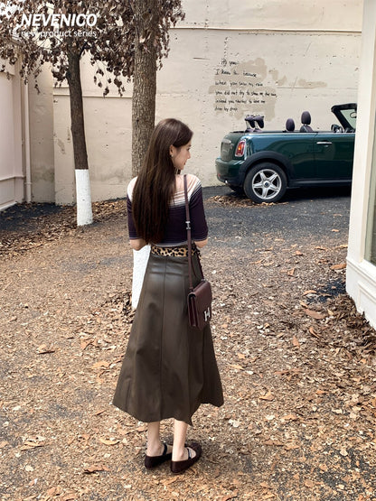 NeveNico SALE NN2509017 Leopard Belt Flared PU Skirt