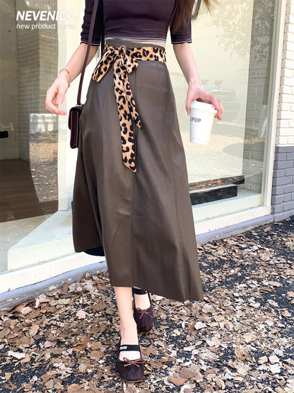 NeveNico SALE NN2509017 Leopard Belt Flared PU Skirt
