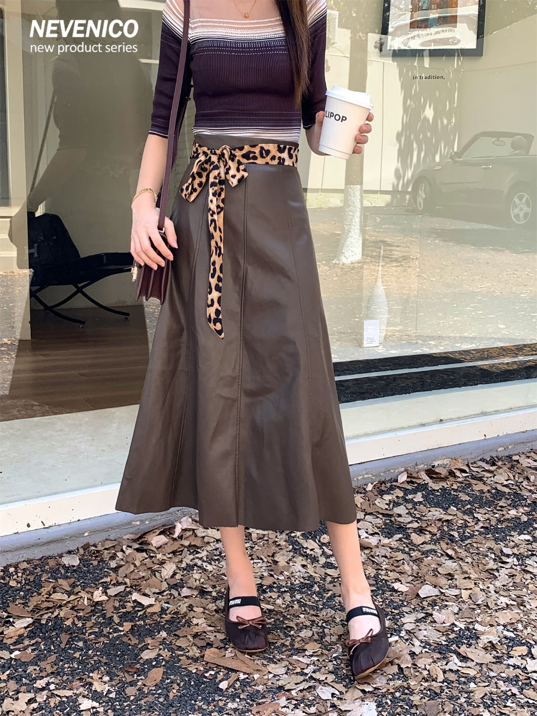 NeveNico SALE NN2509017 Leopard Belt Flared PU Skirt