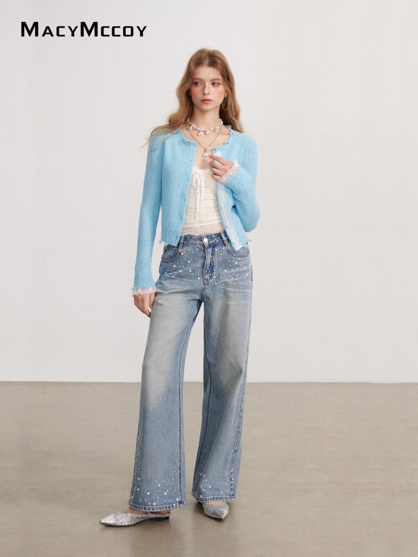 MacyMccoy MMC2026142 Lace-panel destroyed knit sweater(2color)