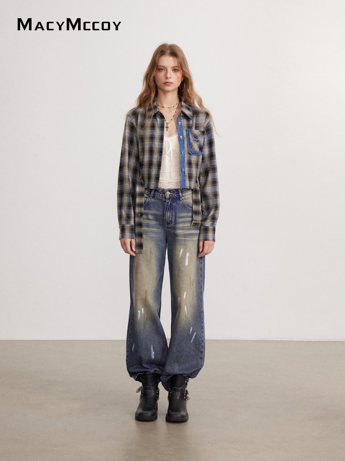 MacyMccoy MMC2026143&amp;148 Frayed Plaid Shirt+Splatter paint jeans