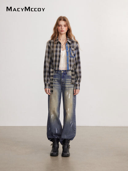 MacyMccoy MMC2026143&amp;148 Frayed Plaid Shirt+Splatter paint jeans