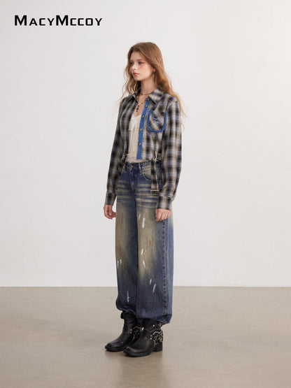 MacyMccoy MMC2026143&amp;148 Frayed Plaid Shirt+Splatter paint jeans