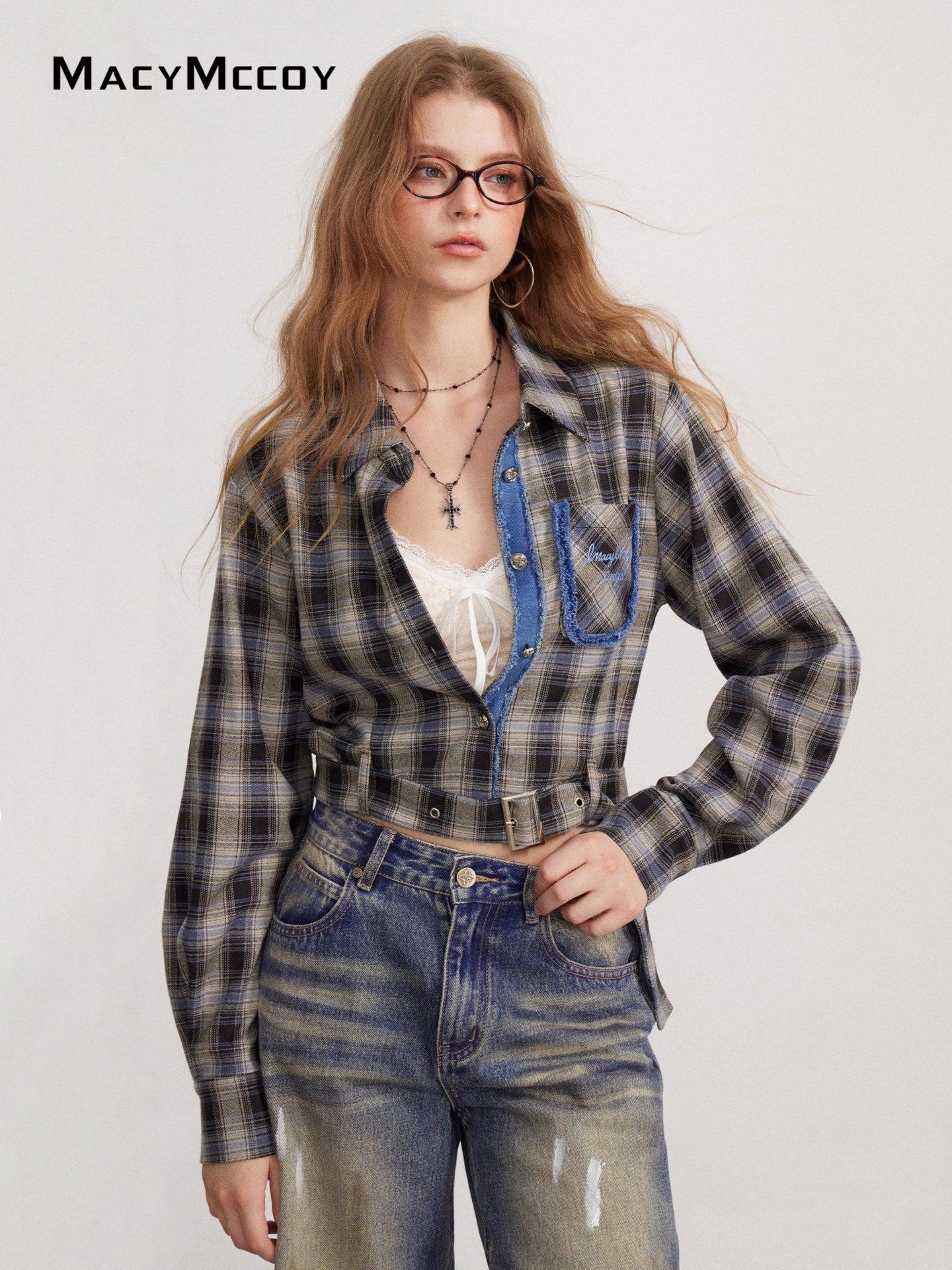 MacyMccoy MMC2026143&amp;148 Frayed Plaid Shirt+Splatter paint jeans