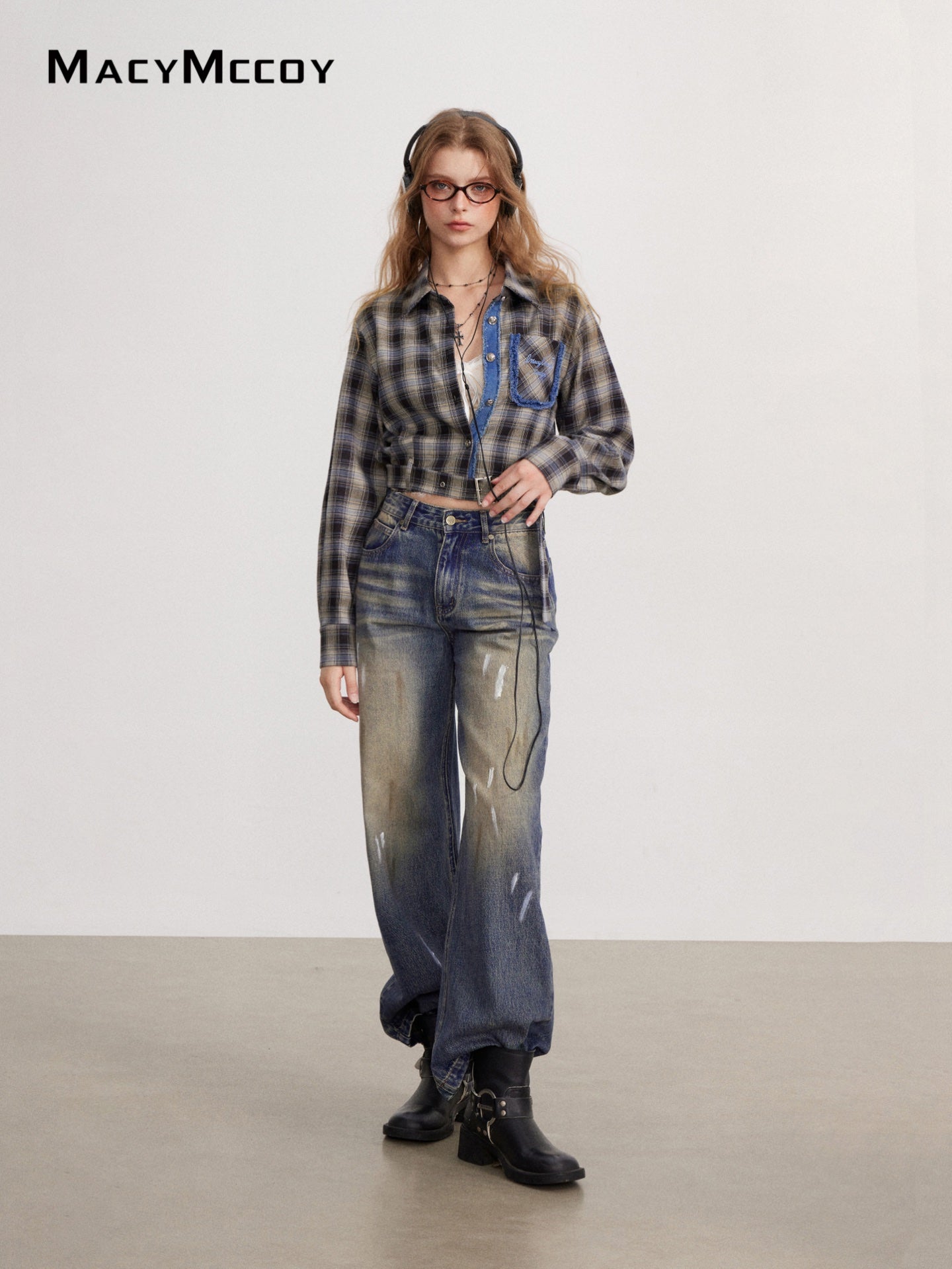 MacyMccoy MMC2026143&amp;148 Frayed Plaid Shirt+Splatter paint jeans