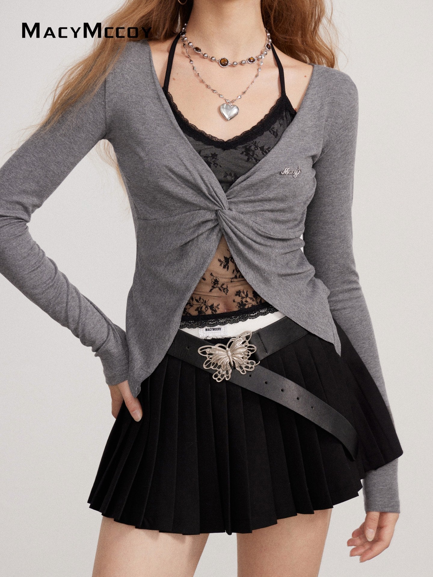 MacyMccoy MMC2026134 Mock-layered lace panel top(2color)