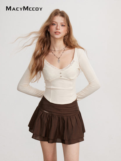 MacyMccoy MMC2026136 Lace Panel Long-Sleeve Top(2color)