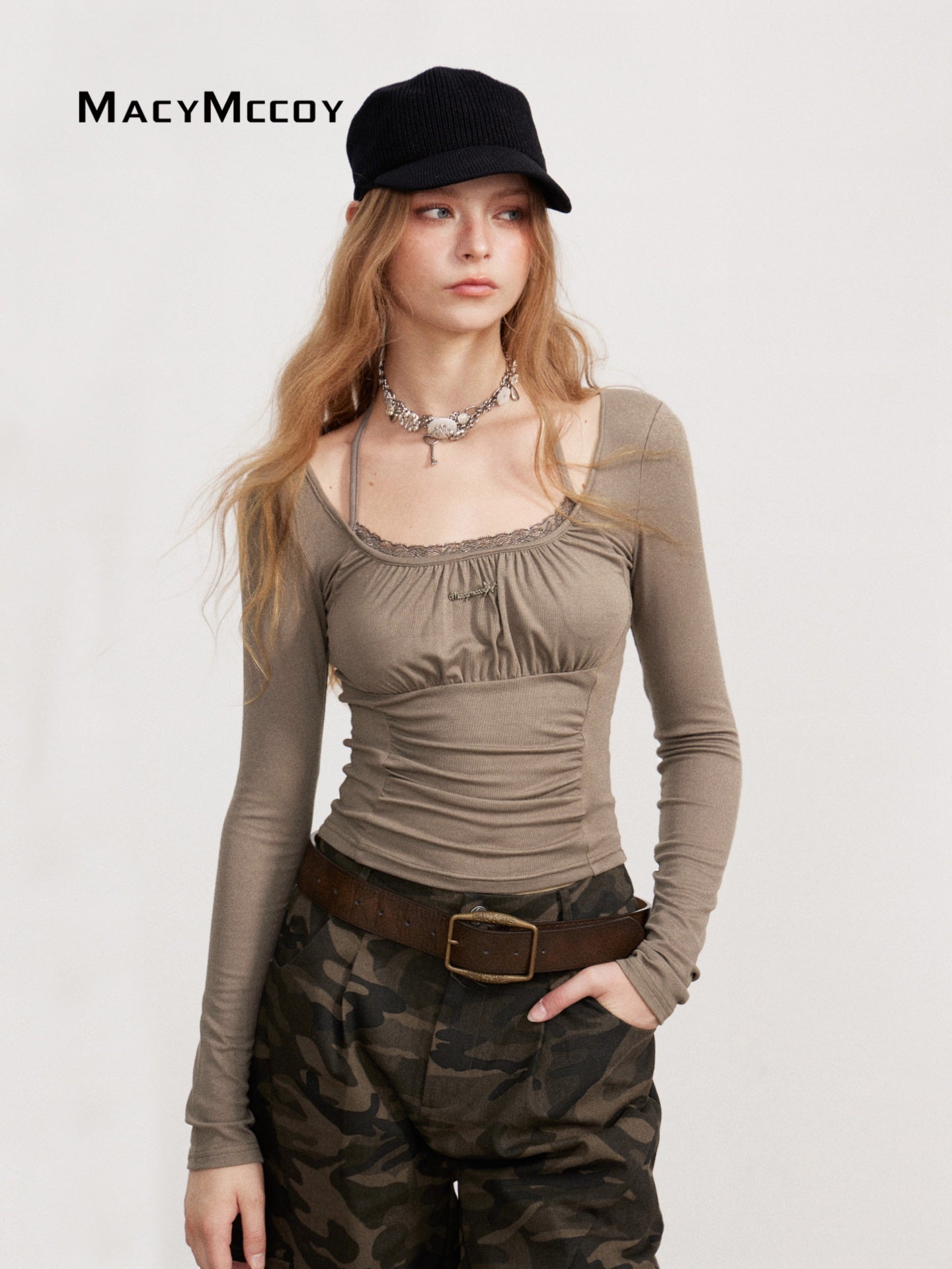 MacyMccoy MMC2026137 Ruched drawstring long-sleeve top(3color)