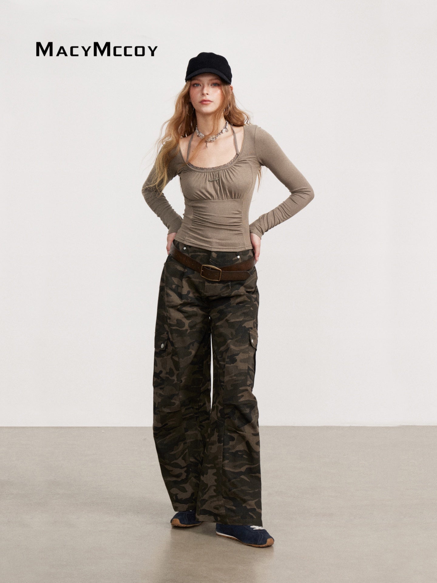 MacyMccoy MMC2026137 Ruched drawstring long-sleeve top(3color)