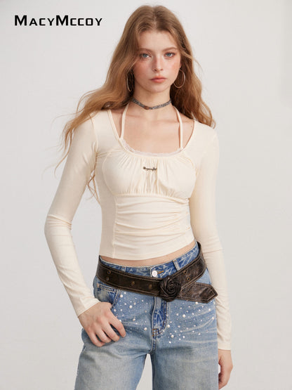MacyMccoy MMC2026137 Ruched drawstring long-sleeve top(3color)