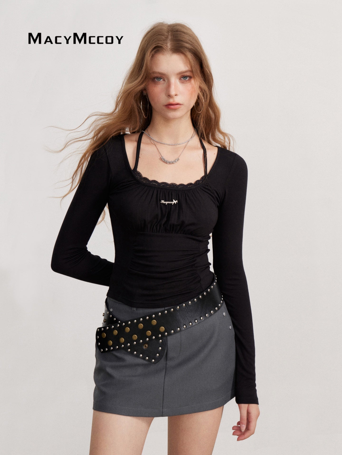 MacyMccoy MMC2026137 Ruched drawstring long-sleeve top(3color)