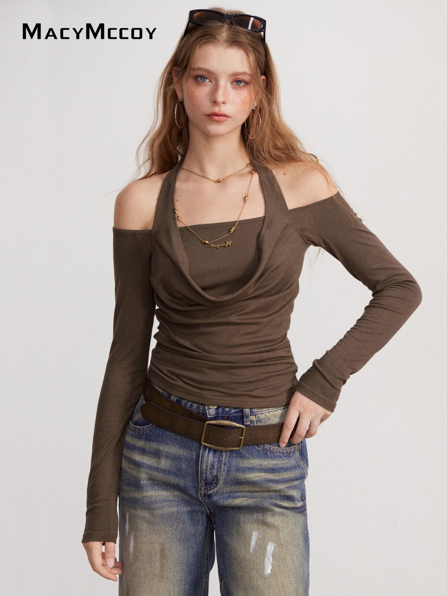 MacyMccoy MMC2026135 Off-Shoulder Draped Neck Top(2color)