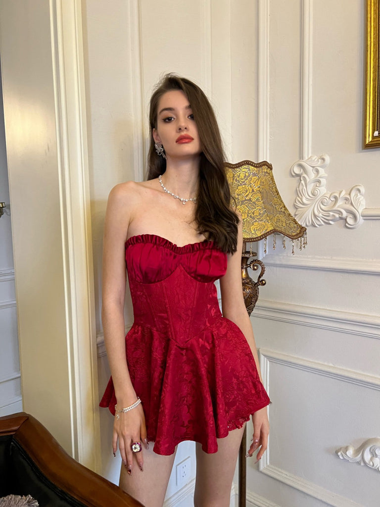 NJ red jacquard bodice dress