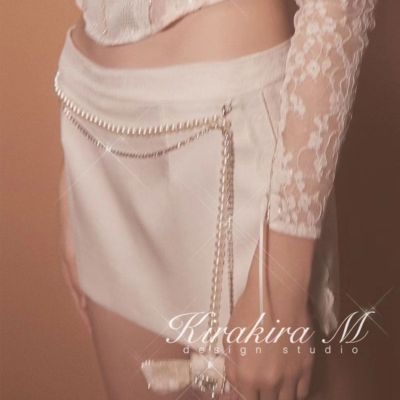 Kirakira.M Diamond Shiny Lace Fishbone Top And Pearl Chain Skirt