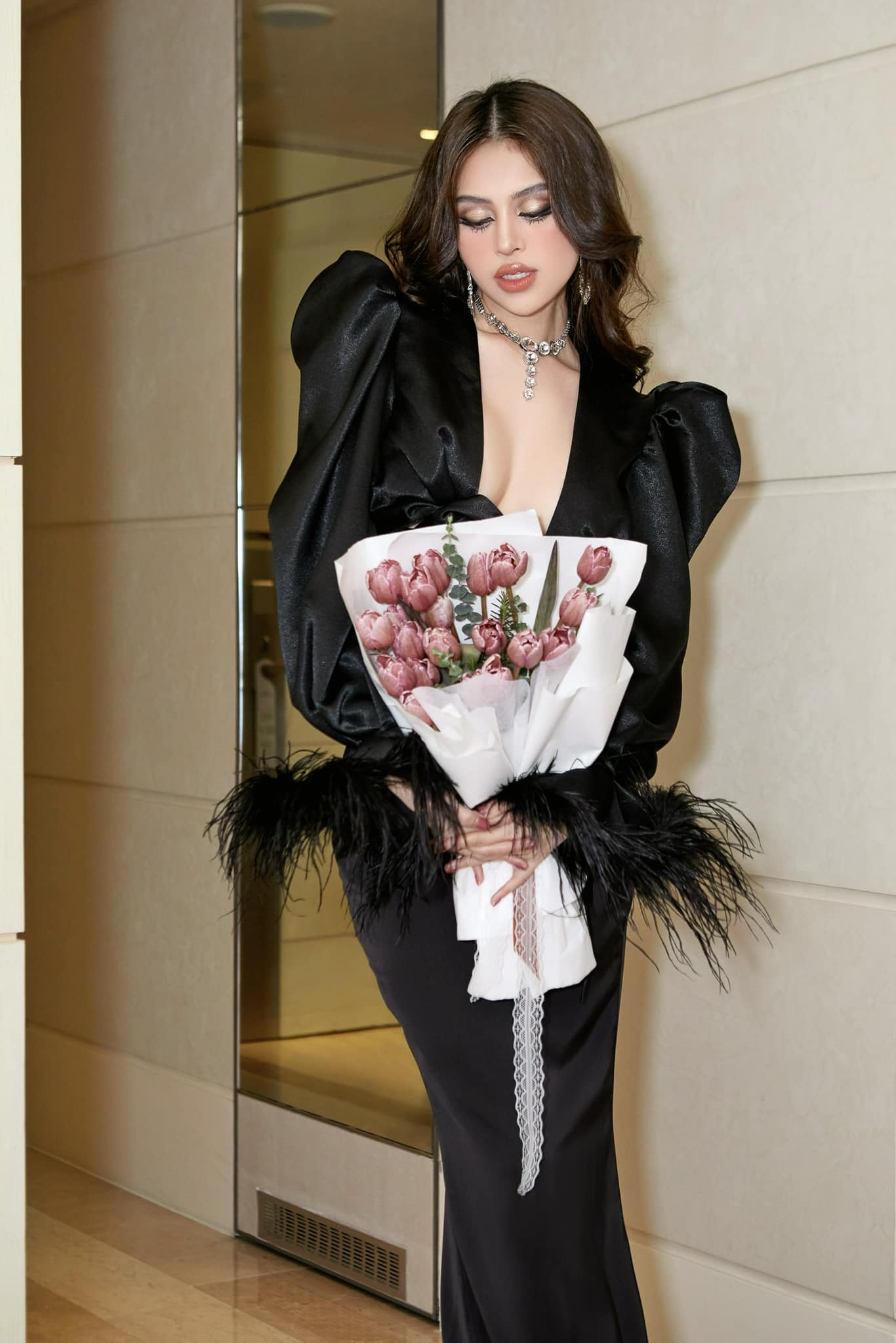 MAEL FEMME Black Ostrich Hair Puff Sleeve Top
