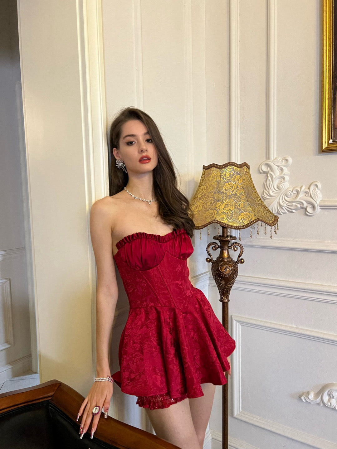 NJ red jacquard bodice dress