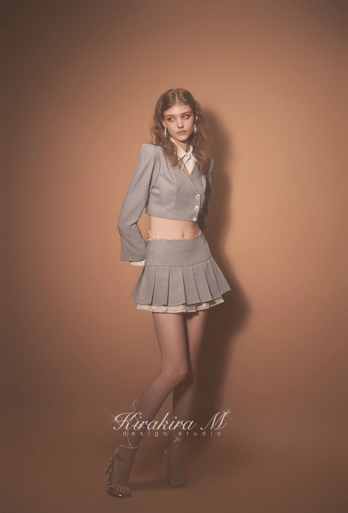 Kirakira.M Diamond Shiny Grey Short Suit And Skirt