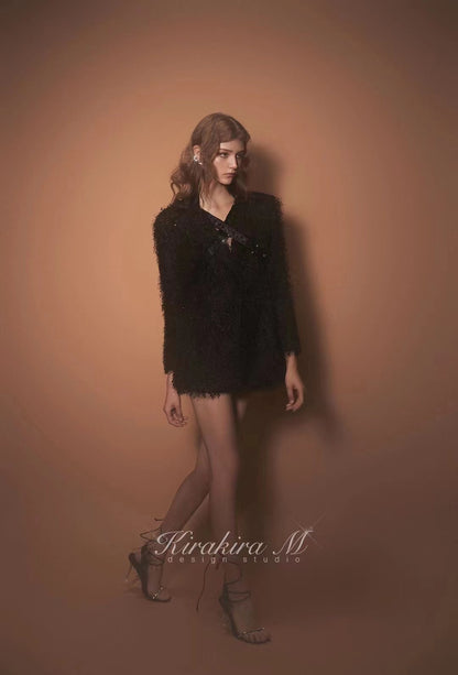 Kirakira.M Diamond Black Feather Coat