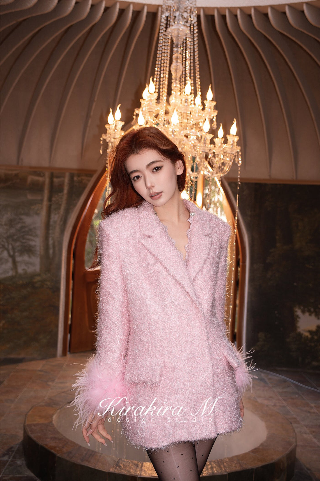 Kirakira.M Diamond pink tweed fringed feather sleeve coat