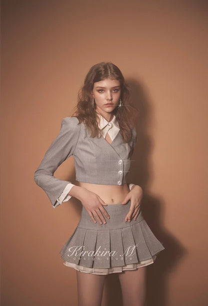 Kirakira.M Diamond Shiny Grey Short Suit And Skirt