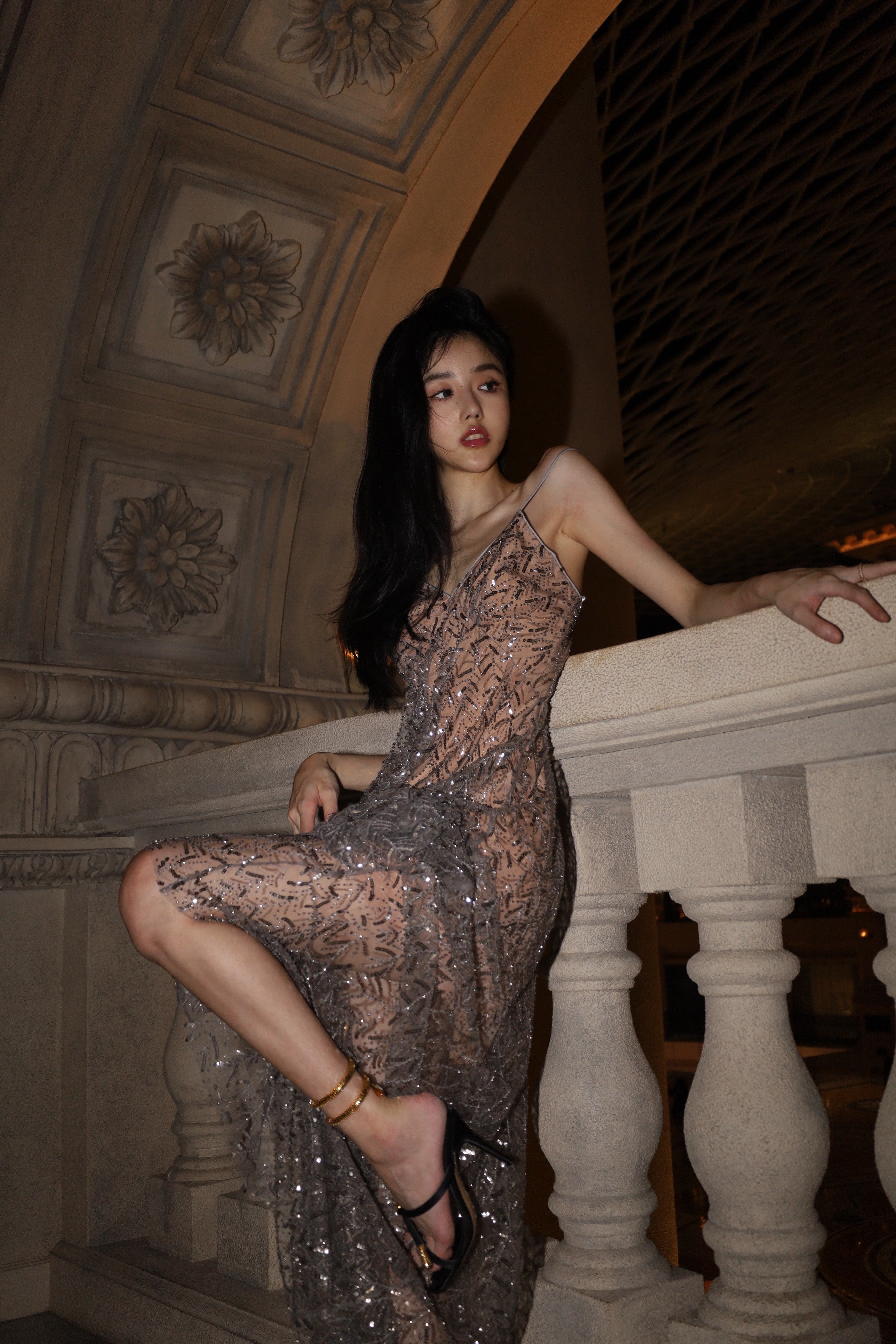 Self-Portrait leaf sequin ruffle maxi dress
