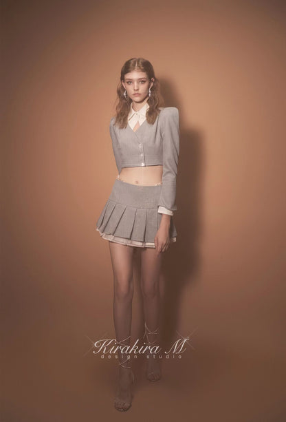 Kirakira.M Diamond Shiny Grey Short Suit And Skirt