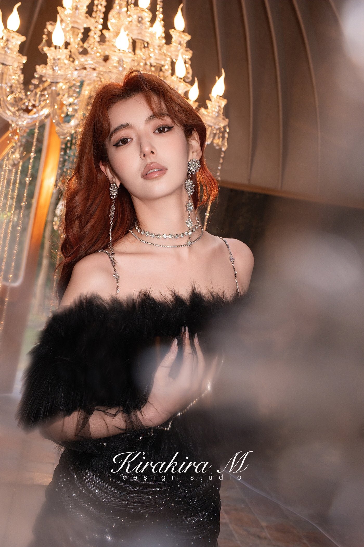 Kirakira.M Diamond black full diamond long dress and Fur waistcoat