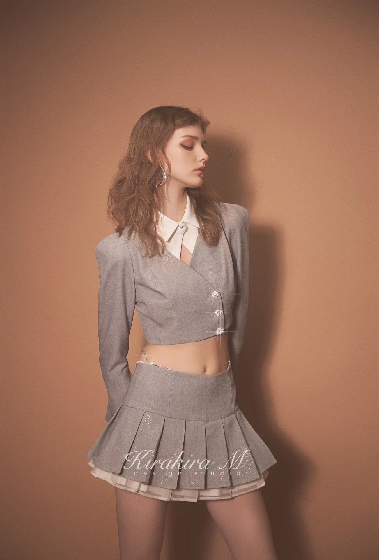 Kirakira.M Diamond Shiny Grey Short Suit And Skirt