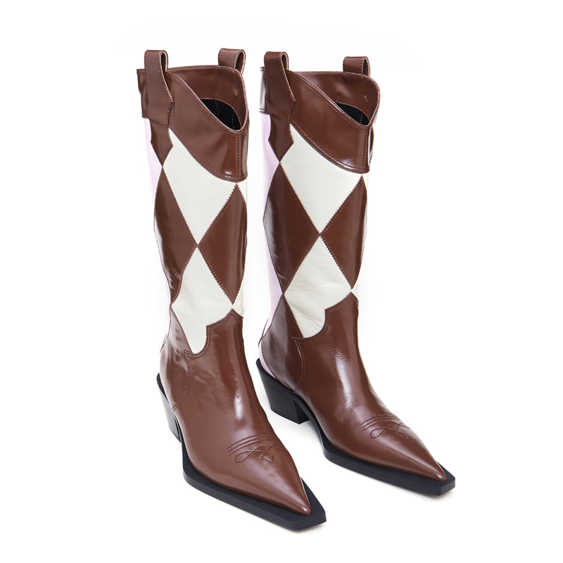 CHINCHIN Diamond Plaid Medium Tube Cowboy Boots