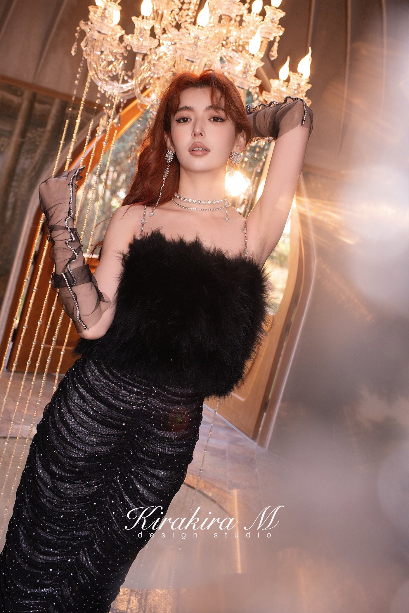 Kirakira.M Diamond black full diamond long dress and Fur waistcoat