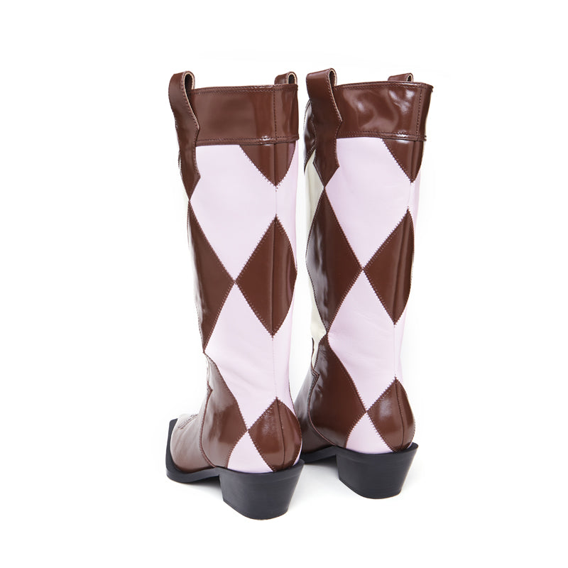 CHINCHIN Diamond Plaid Medium Tube Cowboy Boots