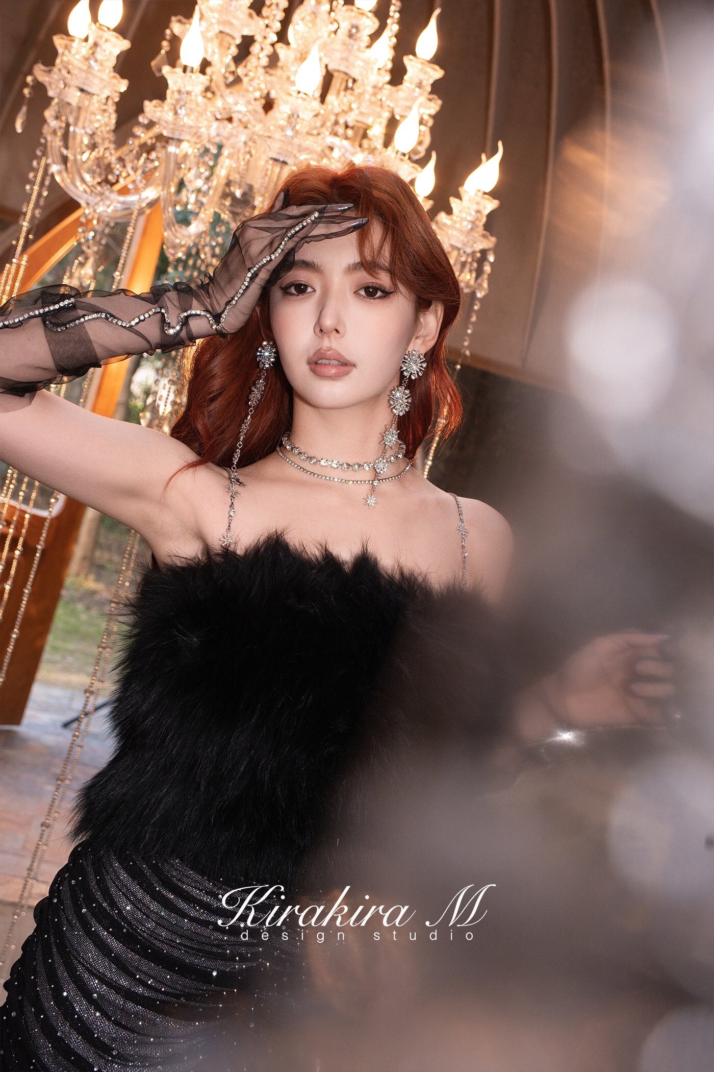 Kirakira.M Diamond black full diamond long dress and Fur waistcoat