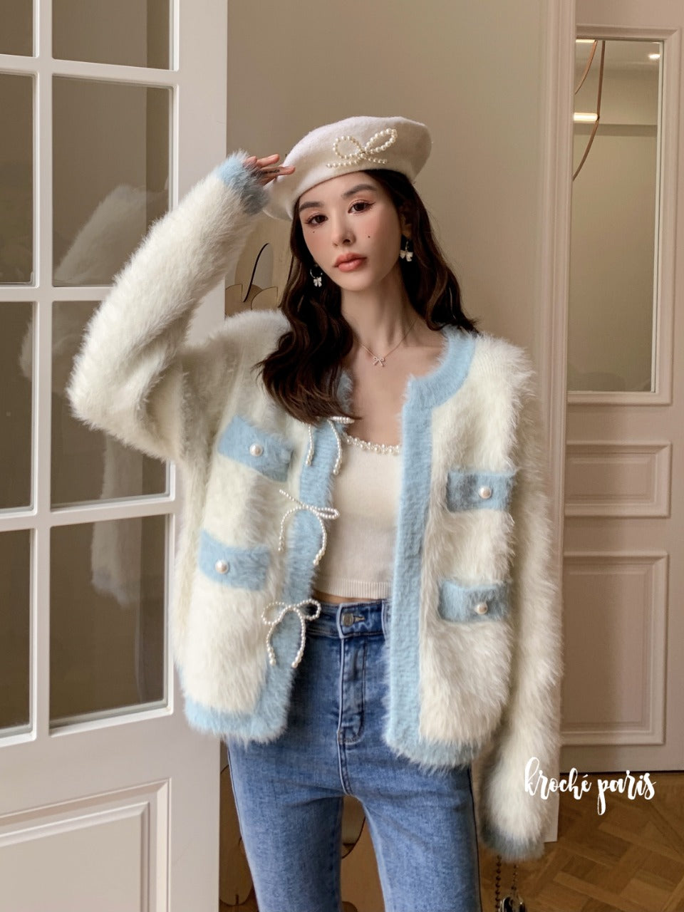 Kroche Pearl bow mink cardigan