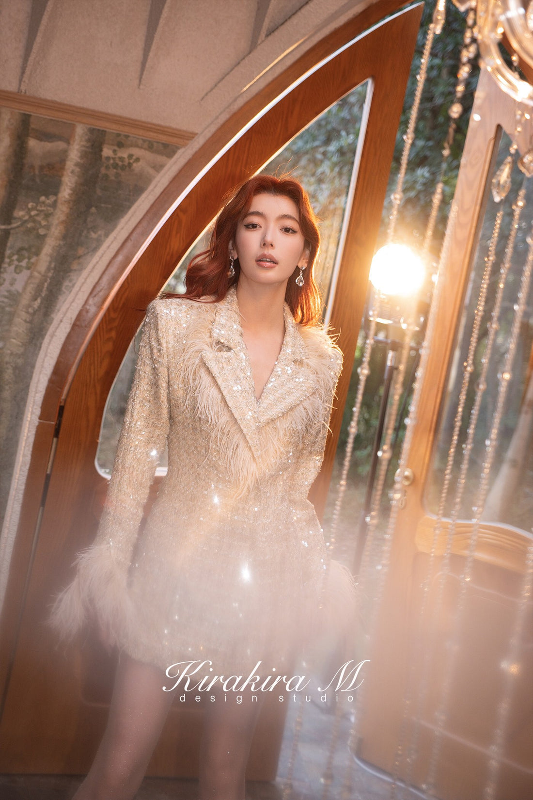 Kirakira.M Champagne glittering sequin tweed feather coat