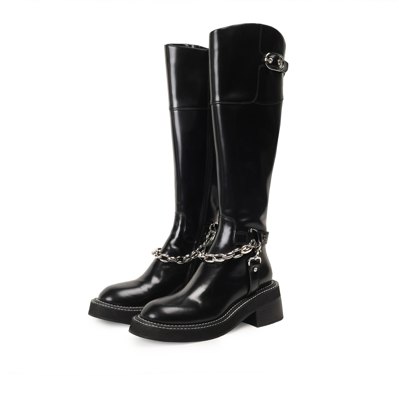 CHINCHIN Polished Cowhide Metal Chain Knee High Boots