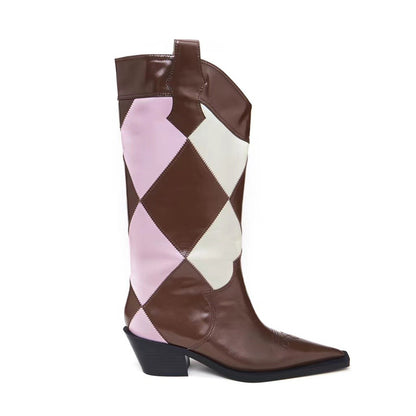 CHINCHIN Diamond Plaid Medium Tube Cowboy Boots